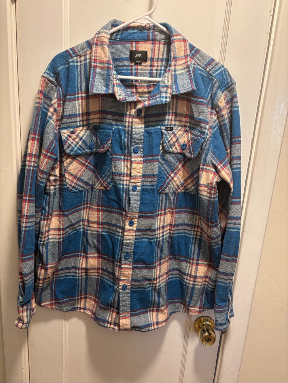 Obey Blue and Cream Plaid Button-Up Shirt